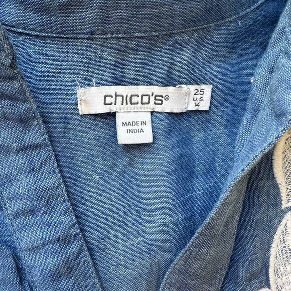 Chico's 100% blue linen emroidered applique lace, dolman sleeves, size 14 - Picture 4 of 7